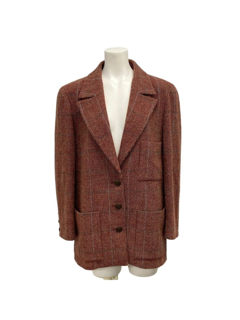 Chanel Jacket 38 M Red Dark Brown Multi Shoulder Pad Long Sleeve Check Pattern